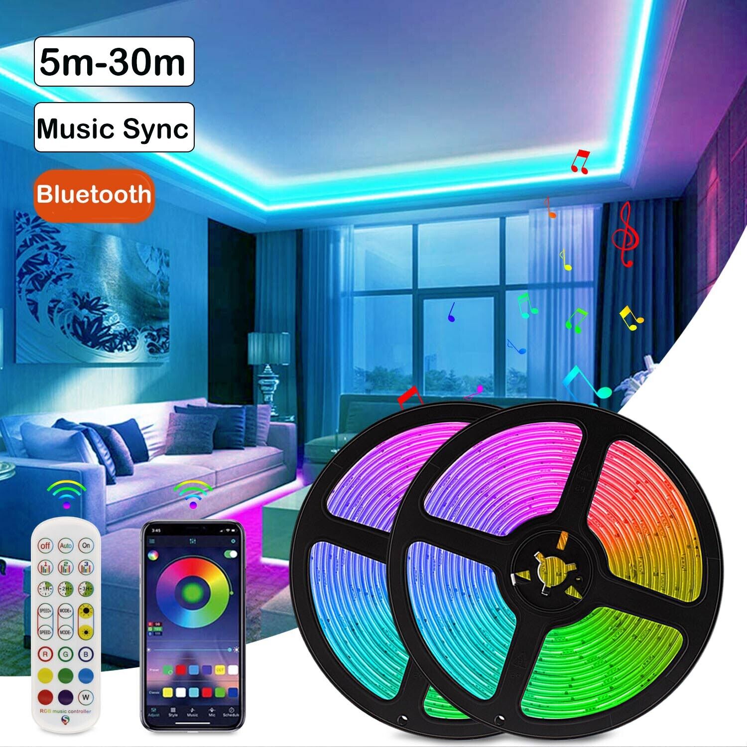 100FT Smart LED Strip Lights (2 Rolls of 50ft), RGB Strip Lights Sync to  Music with 40 Key Remote Controller LED Lights for Bedroom,Christmas Lights