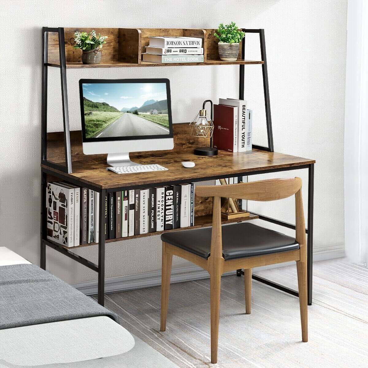 Office Desk Modern Study Table with 4 Storage Shelves - Plugsus