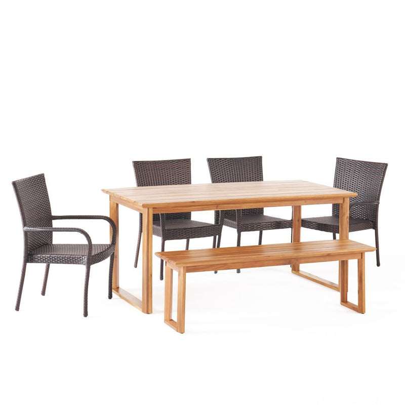 Conifer Outdoor Acacia Wood and Wicker 6 Piece Dining Set with Bench - Plugsus Home Furniture