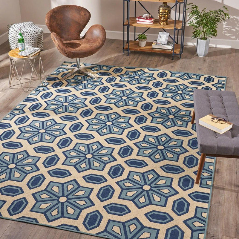 Indoor Geometric Area Rug, Blue and Ivory - Plugsus Home Furniture