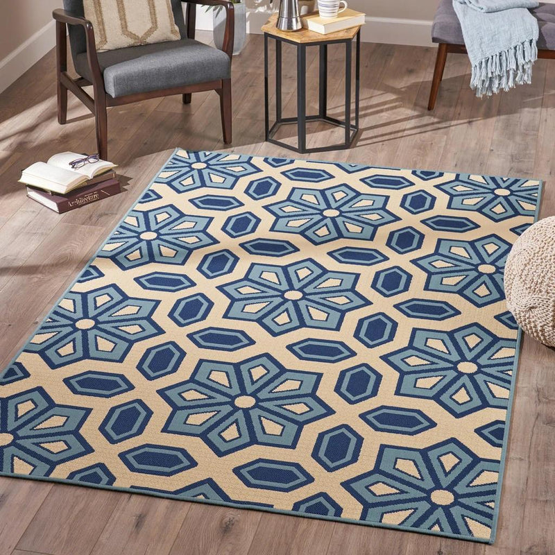 Indoor Geometric Area Rug, Blue and Ivory - Plugsus Home Furniture