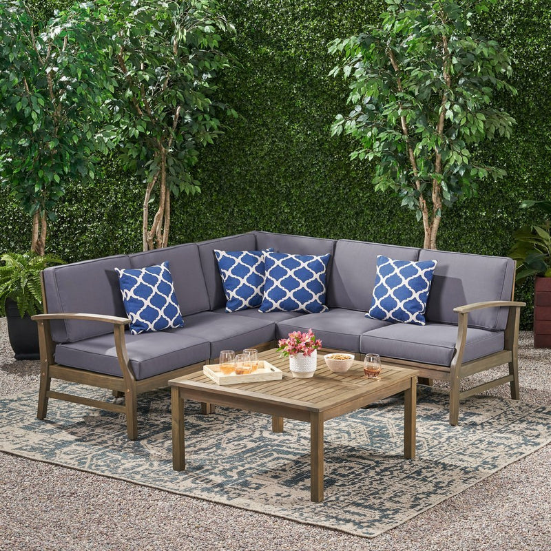 Martina Outdoor 6 Piece Acacia Wood Sectional Sofa and Coffee Table Set - Plugsus Home Furniture
