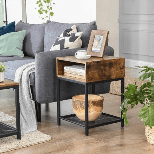 Nightstand with Open Compartment and Mesh Shelf - Plugsusa