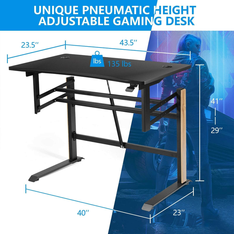 Office Desk Pneumatic Adjustable Height T Shaped with Power Strip Tray - Plugsus Home Furniture