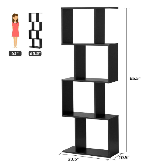 S-Shaped Bookcase Free Standing Storage Rack Wooden - Plugsusa
