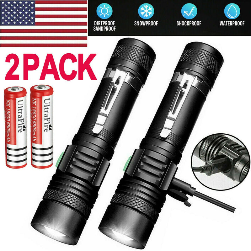 2 PACK 90000lm Flashlight 3Modes Rechargeable USB T6 LED Tactical Zoomable Torch - Plugsus Home Furniture