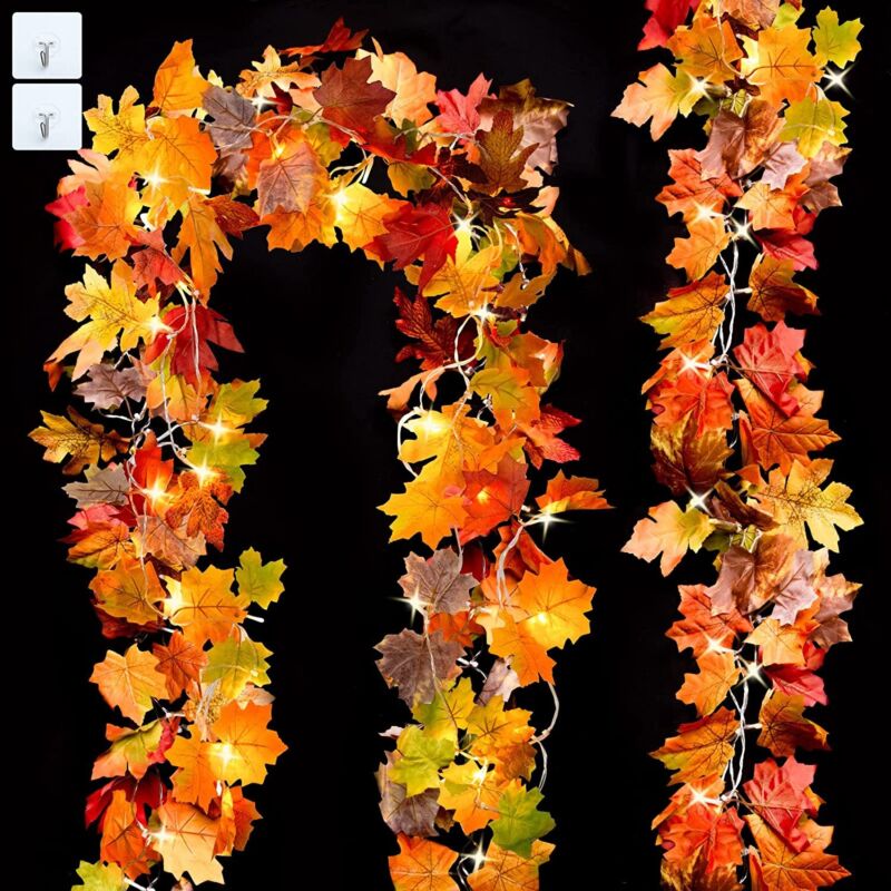 2 Pack Fall Garland Decorations Maple Leaf String Lights Thanksgiving Halloween - Plugsus Home Furniture