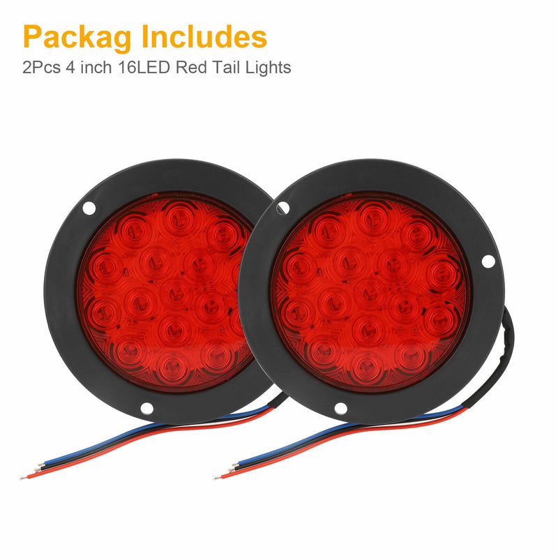 2x Red 16 LED 4" Round Truck Trailer Tail Stop Turn Brake Lights Chrome Grommet - Plugsus Home Furniture