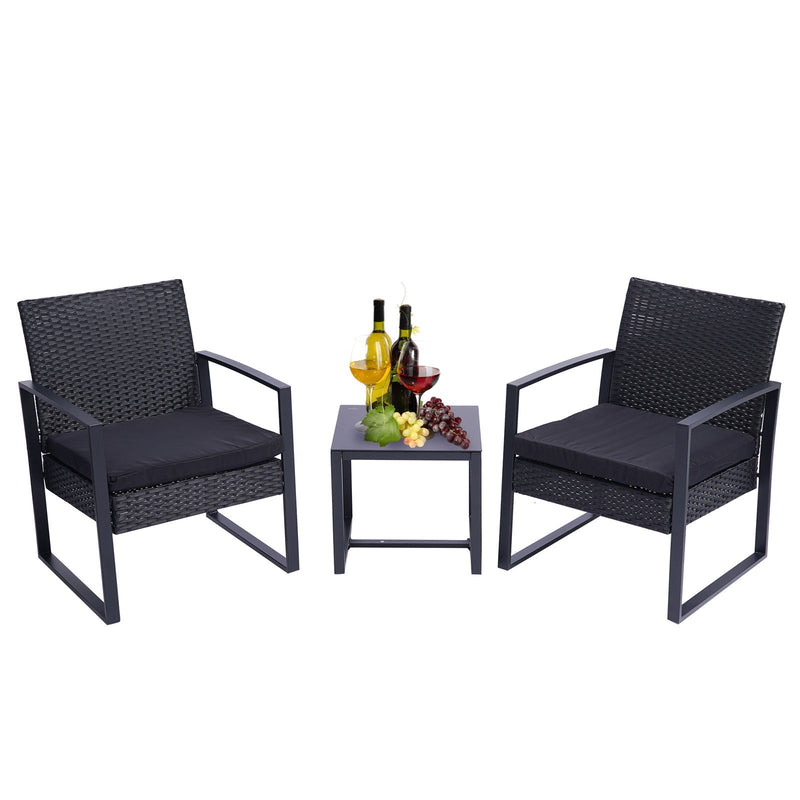 3 Pieces Patio Furniture Sets Modern Set Rattan Chair with Coffee Table for Yard and Bistro, (Black) - Plugsus Home Furniture