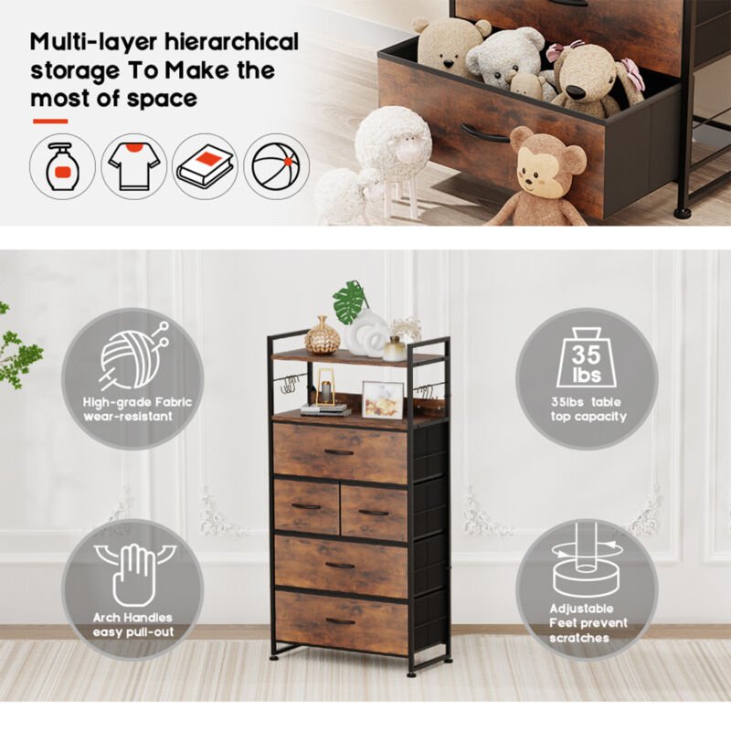 5 Drawer Dresser Wood Storage Organizer Chest Tower Bedroom Living Room Lot - Plugsus Home Furniture