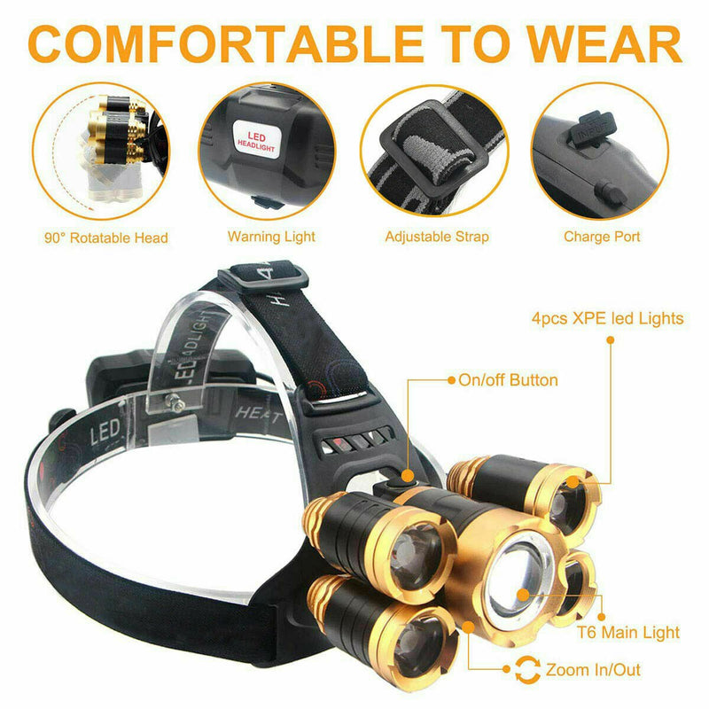990000LM 5X T6 LED Headlamp Rechargeable Head Light Flashlight Torch Lamp USA - Plugsus Home Furniture