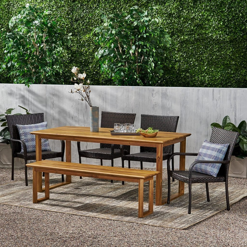 Conifer Outdoor Acacia Wood and Wicker 6 Piece Dining Set with Bench - Plugsus Home Furniture