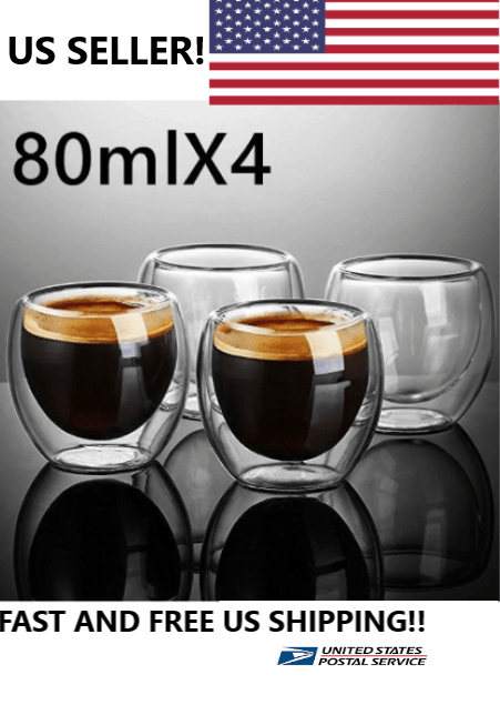 Double Wall Espresso Insulated Glass Cups Set Of 4 80ml Coffee Mug Tea Glasses - Plugsus Home Furniture