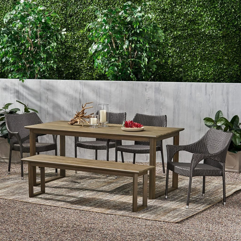 Ellendale Outdoor Acacia Wood and Wicker 6 Piece Dining Set with Bench - Plugsus Home Furniture
