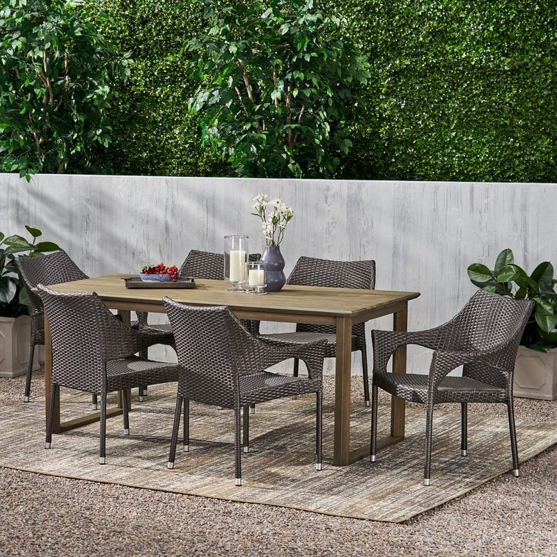 Ellendale Outdoor Acacia Wood and Wicker 7 Piece Dining Set - Plugsus Home Furniture