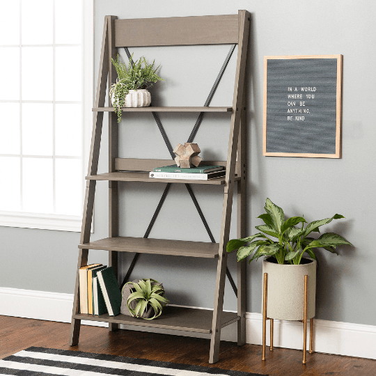 Farmhouse Grey Solid Wood 4-Shelf Ladder Bookshelf - Plugsusa
