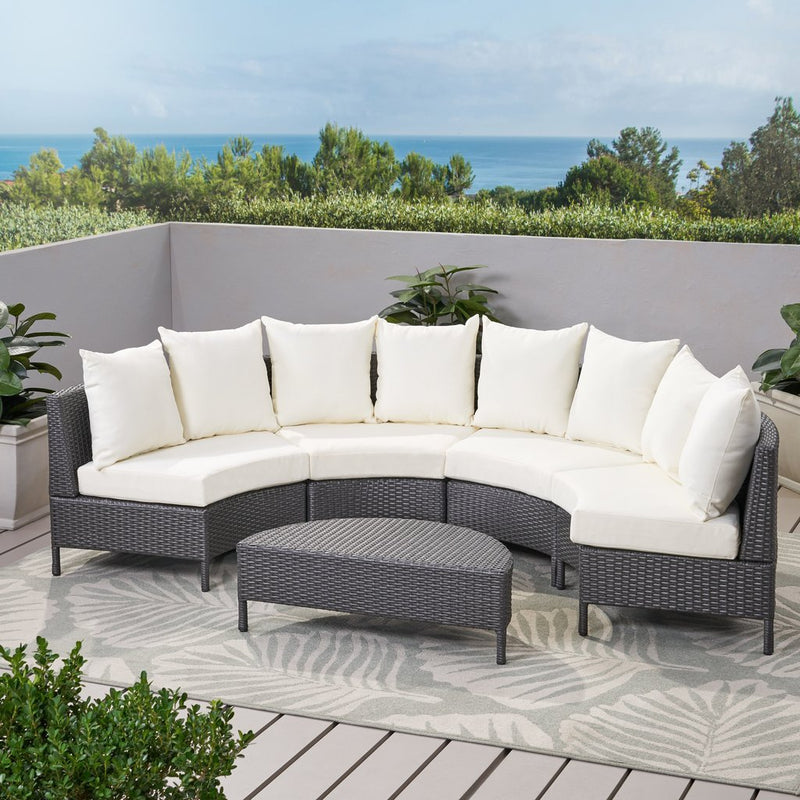 Hatteras Outdoor 5 Piece Grey Wicker Sofa Set with White Water Resistant Fabric - Plugsus Home Furniture