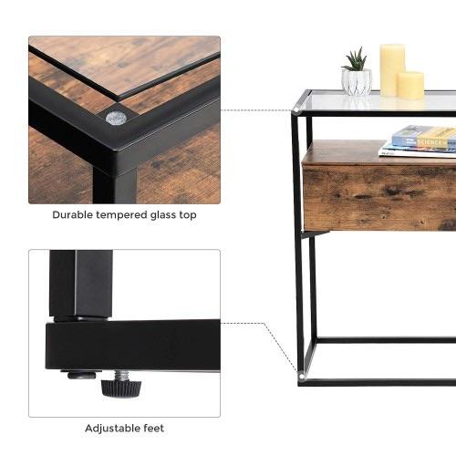 Industrial Console Table with Tempered Glass Table and 2 Drawers - Plugsusa