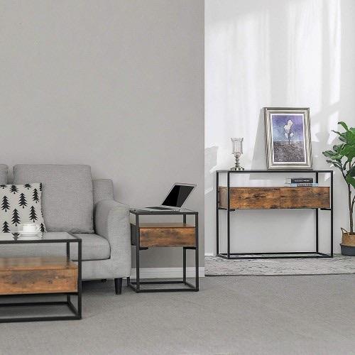 Industrial Console Table with Tempered Glass Table and 2 Drawers - Plugsusa