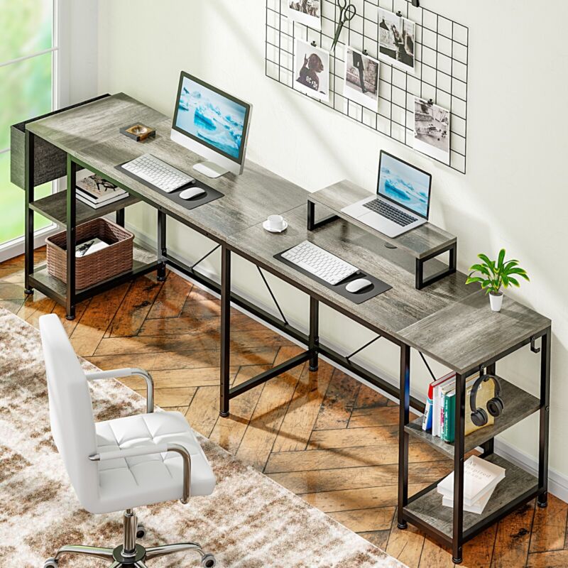 L Shaped Desk 95" Reversible Corner with Shelves Workstation Gray - Plugsus Home Furniture