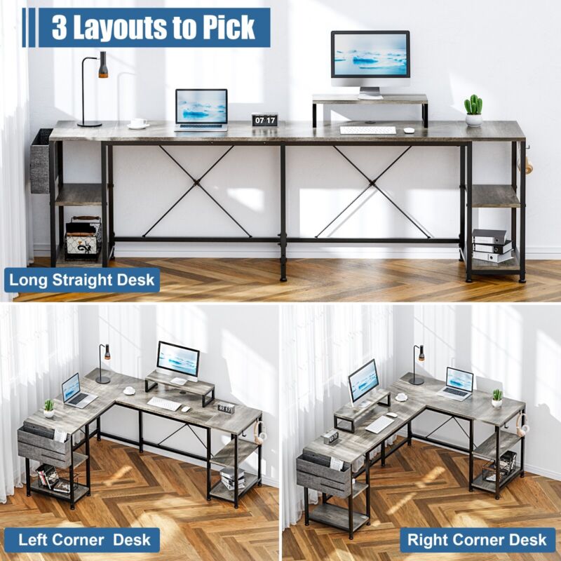 L Shaped Desk 95" Reversible Corner with Shelves Workstation Gray - Plugsus Home Furniture