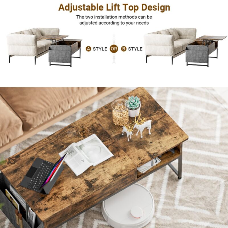 Modern Lift Top Coffee Table with Hidden Compartment Storage,Adjustable Wood Table for Living Room,Brown, Size: 43.3