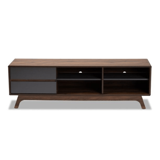 Mid Century Tv Stand Two-Tone Gray and Walnut Finished Wood with 2 Drawers - Plugsusa
