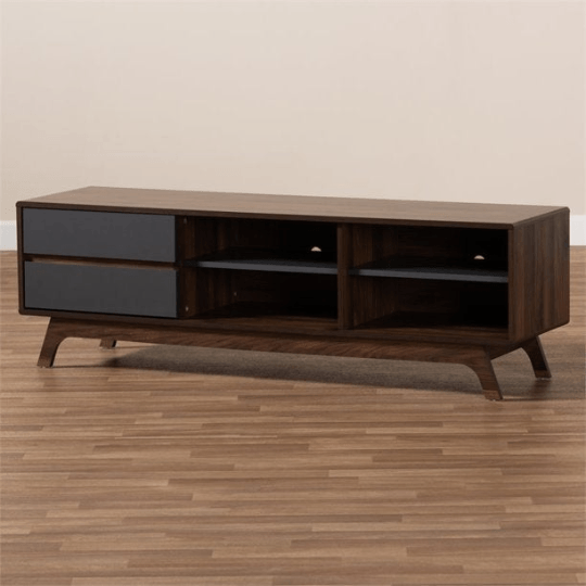 Mid Century Tv Stand Two-Tone Gray and Walnut Finished Wood with 2 Drawers - Plugsusa