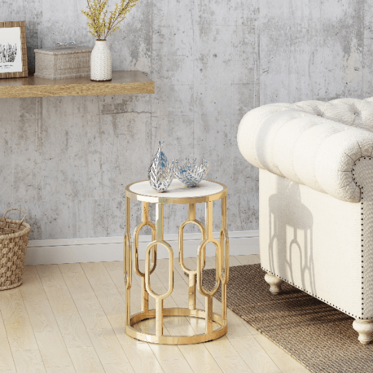 Modern Faux Stone Side Table Gold and White - Plugsusa