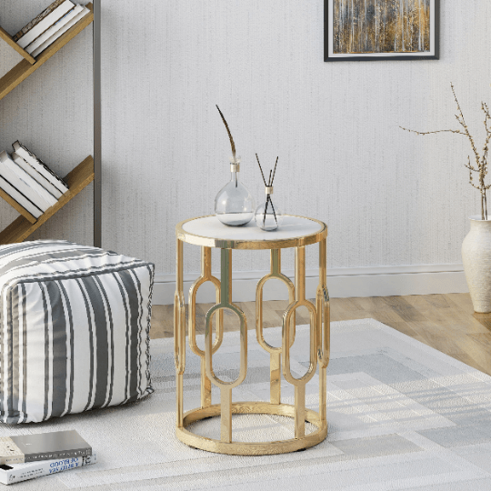 Modern Faux Stone Side Table Gold and White - Plugsusa
