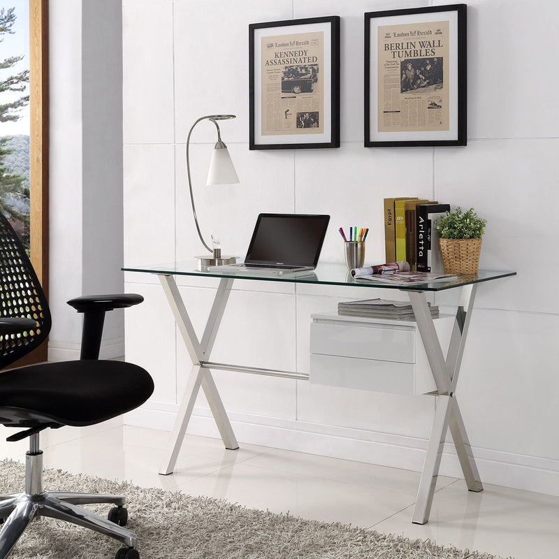 Modern Glass Top Office Desk with Metal Frame - Plugsus Home Furniture