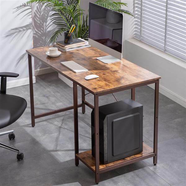 Office Desk Industrial Style 2 Side Shelf Table Walnut Color - Plugsus Home Furniture