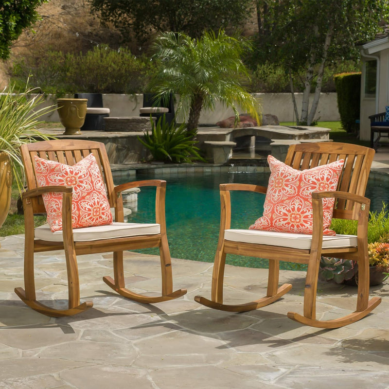 Olivia's Teak Finish Acacia Rocking Chairs - 2-Piece Set with Cushions, the Selma Collection - Plugsus Home Furniture