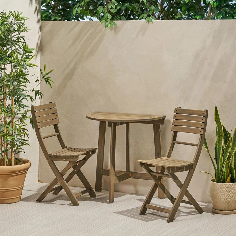Outdoor 2 Seater Half-Round Acacia Wood Bistro Table Set With Folding Chairs - Plugsus Home Furniture