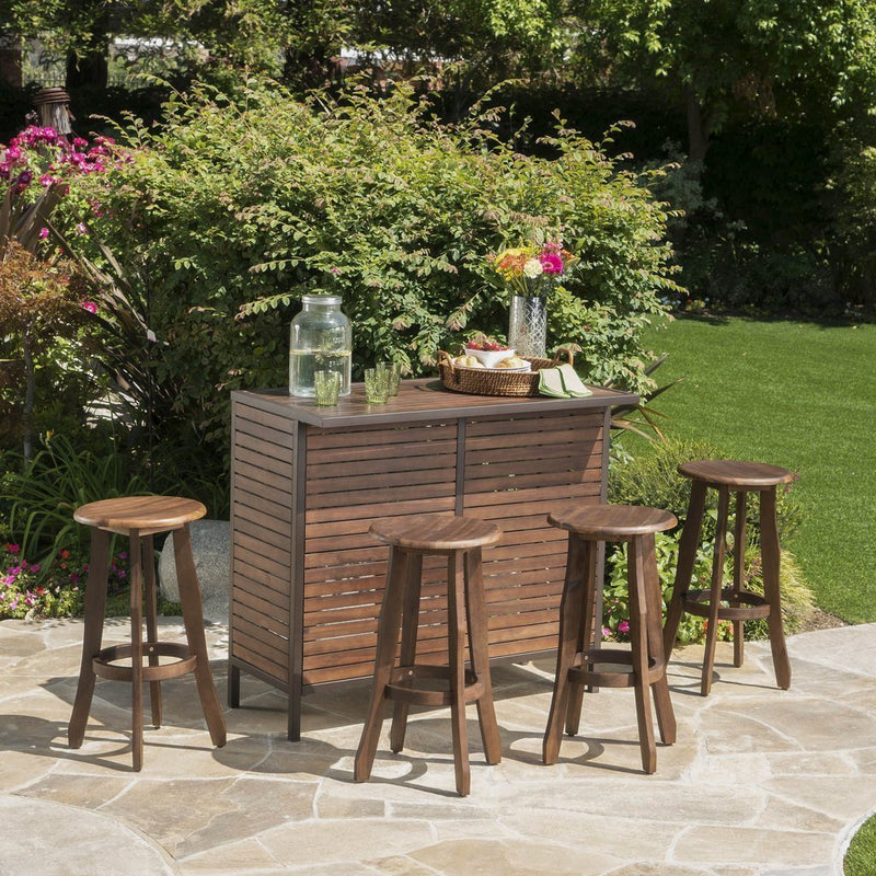 Outdoor 5 Piece Dark Brown Finished Acacia Wood Bar Set - Plugsus Home Furniture