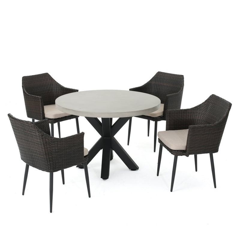 Outdoor Transitional 5 Piece Wicker Dining Set with Lightweight Concrete - Plugsus Home Furniture