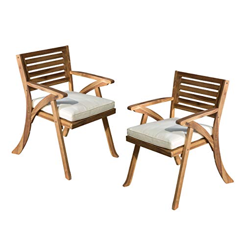 Premium Hermosa 2-Piece Outdoor Acacia Wood Arm Chair Set with Teak Finish and Cream Cushions - Plugsus Home Furniture
