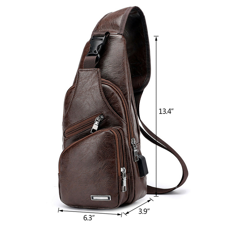 PU Leather Chest Bag Men USB Charging Backpack Sling Crossbody Pack Business - Plugsus Home Furniture