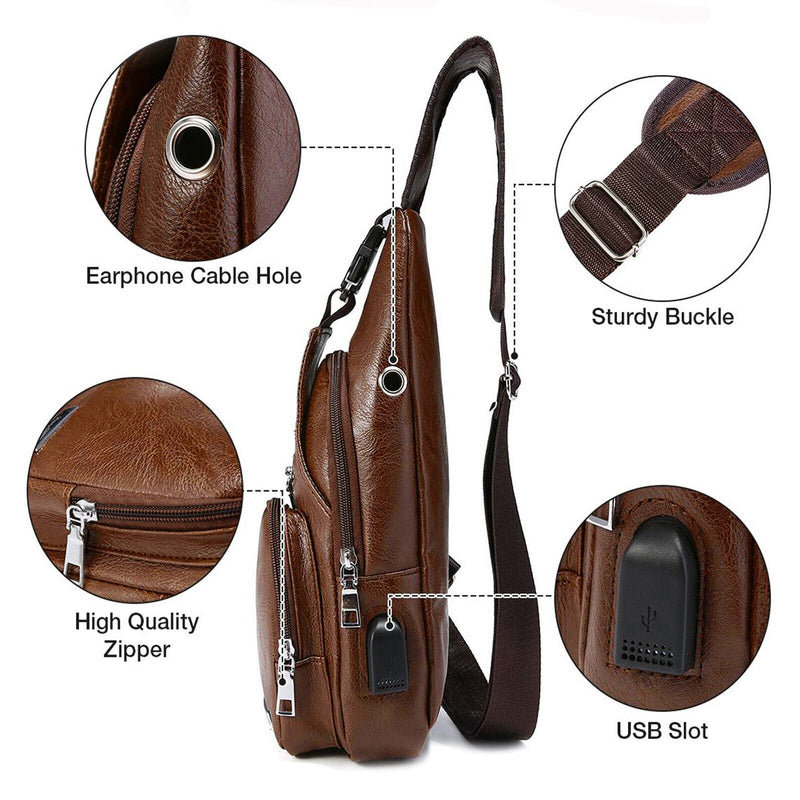 PU Leather Chest Bag Men USB Charging Backpack Sling Crossbody Pack Business - Plugsus Home Furniture