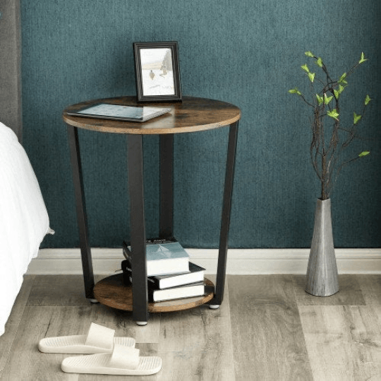 Round End Table Industrial Rustic Side Table 2 Shelves - Plugsus Home ...