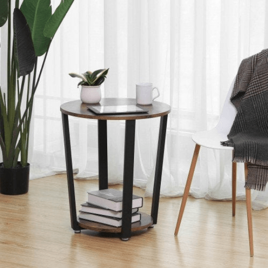 Round End Table Industrial Rustic Side Table 2 Shelves - Plugsusa