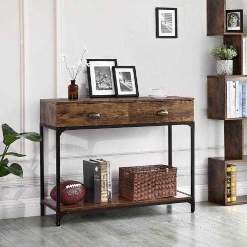 Rustic Console Table Entryway Sofa Table with 2 Drawers and Shelf - Plugsusa