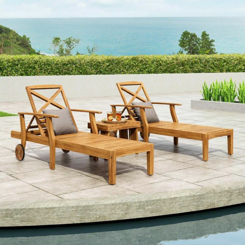 Capri Outdoor Acacia Wood 3 Piece Chaise Lounge Set