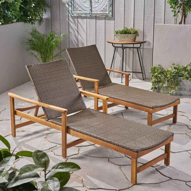 Kyle Outdoor Rustic Acacia Wood Chaise Lounge with Wicker Seating