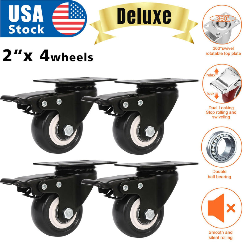 Set of 4 Heavy Duty Swivel Casters with Lock Brakes 2" Polyurethane Wheels - Plugsus Home Furniture