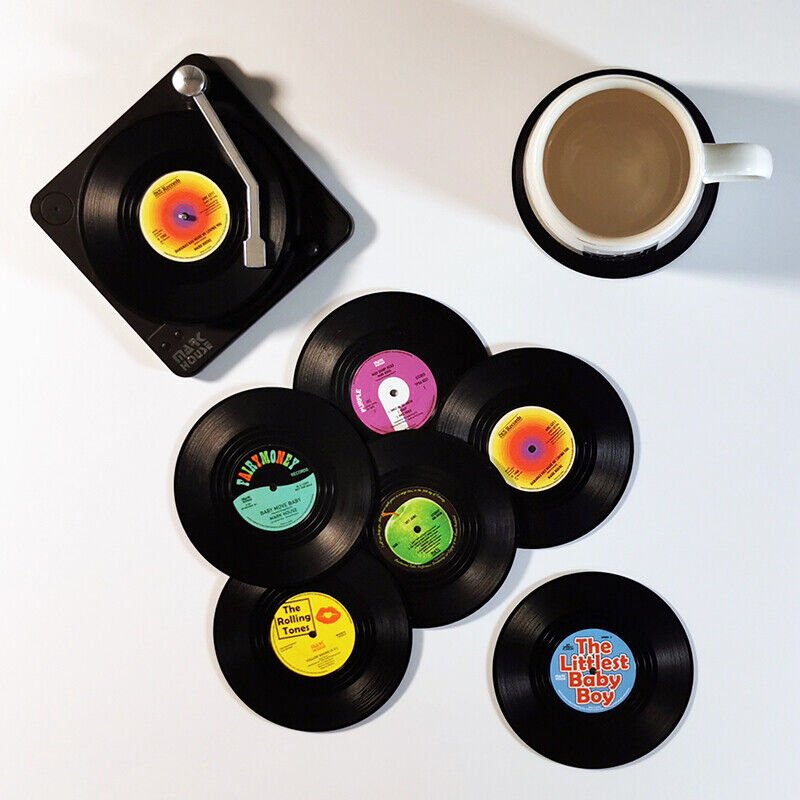 Set of 7 Coasters With Holder Coffee Tea Milk Cup Pad Mat Non-Slip Record CD - Plugsus Home Furniture