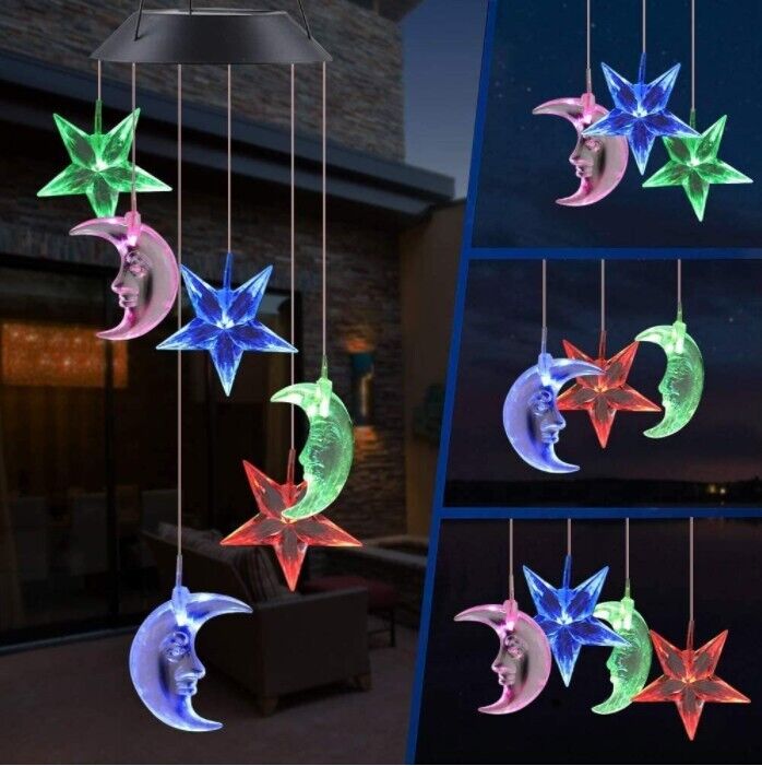 Solar Wind Chimes Lights LED Moon&Star Color Changing Hanging Lamp Garden Decor - Plugsus Home Furniture