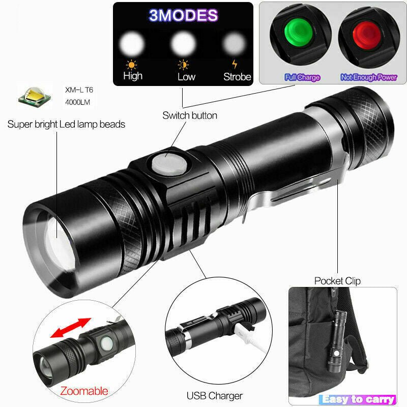 Super Bright 90000LM LED Tactical Flashlight Zoomable With Rechargeable Battery - Plugsus Home Furniture