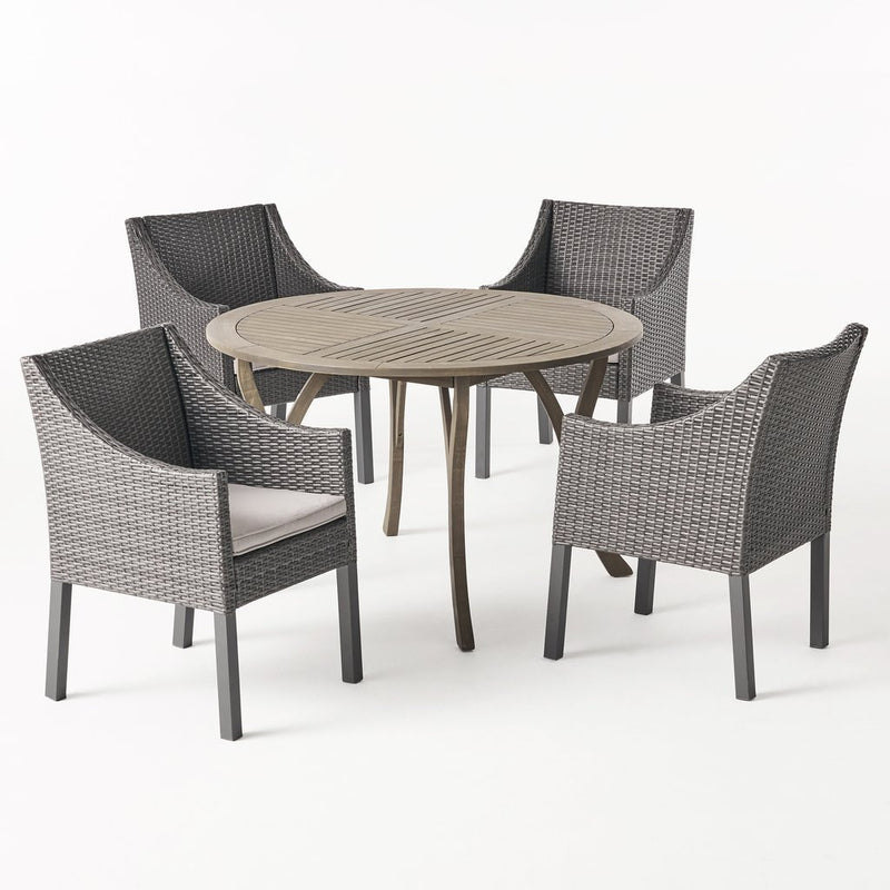Tycie Outdoor 5 Piece Acacia Wood and Wicker Dining Set, Gray with Gray Chairs - Plugsus Home Furniture