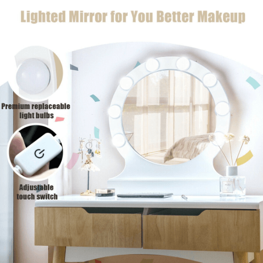 Vanity Makeup Dressing Set Lighted with Mirror Touch Switch and Stool - Plugsusa
